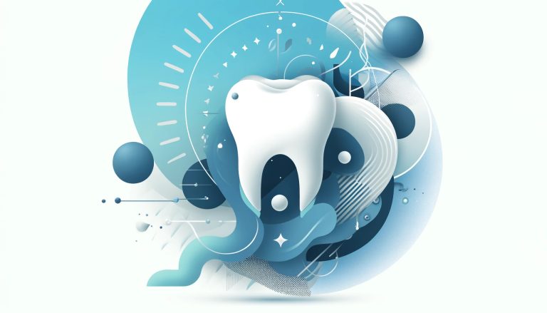 Abstrakte Grafik mit zahnmedizinischem Thema in Blau- und Weißtönen, die abstrakte Formen und Muster zeigt, die subtil auf zahnmedizinische Elemente wie Zähne und Zahnfleisch hinweisen.