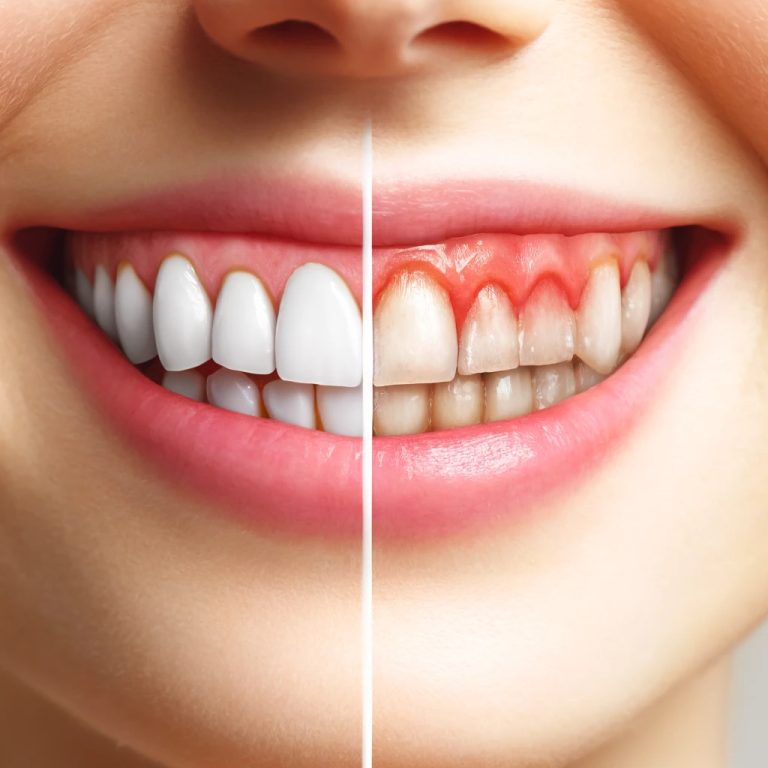 Ein Mund mit einem direkten Vergleich von gesundem Zahnfleisch auf der linken Seite und entzündetem Zahnfleisch auf der rechten Seite.
