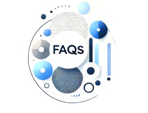 Minimalistische abstrakte Grafik für den FAQs-Bereich von Zahnfleisch-Praxis.de auf weißem Hintergrund, gestaltet mit wenigen geometrischen Formen in Blau-, Weiß- und Grautönen.